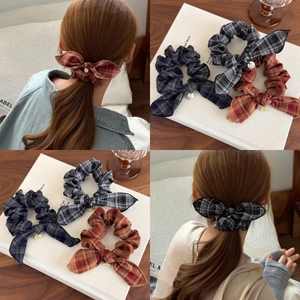 Vintage Plaid Bowknot Scrunchie For Women Knitted Fabric Hair Tie With Metal Tag Preppy Style Elastic Hair Band Headwear