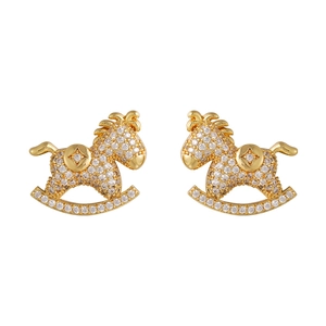 Exquisite golden rocking horse stud earrings with micro-pave white zircon crystals
