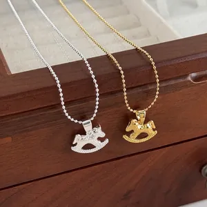 Vintage Copper Rocking Horse Pendant Necklace For Women Fashion Gold Silver Plated Rhinestone Ball Chain Jewelry Accessory