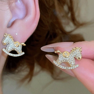 Elegant Copper Alloy Rocking Horse Zirconia Stud Earrings Gold Silver Plated Animal Shaped Coin Jewelry For Women Gift