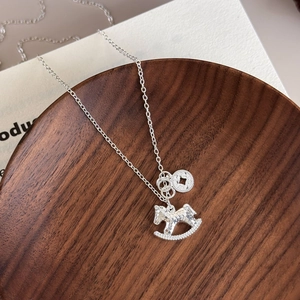 Vintage Chinese Style Silver Plated Copper Rocking Horse Pendant Necklace Rhinestone Lucky Coin Charm Choker For Women