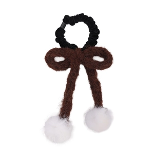 Elastico per capelli invernale con fiocco in maglia marrone e pompon in finta pelliccia bianca