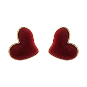 Vintage heart-shaped burgundy velvet stud earrings with elegant gold-tone metal border