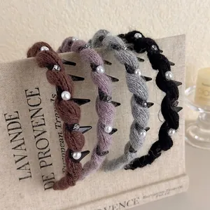 Cerchietto in Lana Intrecciata Stile Coreano Donna Con Künstliche Perle Sintetiche Strass Denti Antiscivolo Inverno Fatto a Mano
