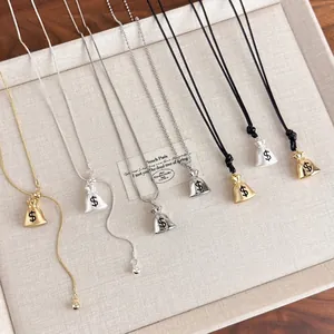 Copper Money Bag Pendant Necklace With Dollar Sign Charm Adjustable Snake Chain Wax Rope For Women Vintage Lucky Jewelry