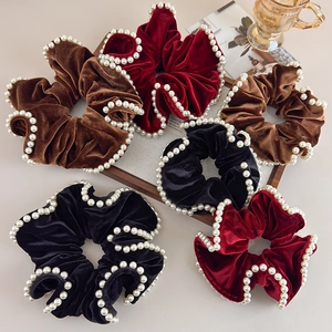 French vintage velvet scrunchies with faux pearls in burgundy, brown and black colors