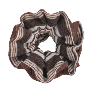 Elegant Korean style brown knitted scrunchie with striped inner detail on white background