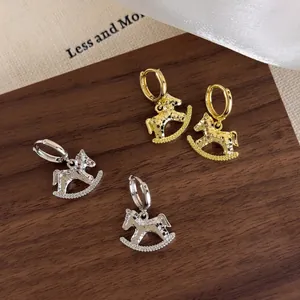Elegant Copper Rocking Horse Hoop Earrings For Women Hammered Texture Rhinestone Embellishment Light Luxury Animal Drop Earrings