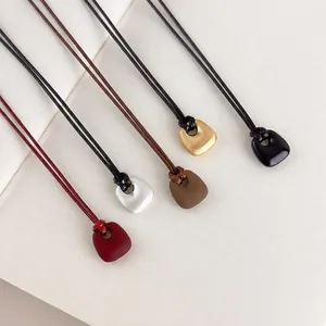 Korean Minimalist Brushed Alloy Square Pendant Long Necklace For Women Geometric Wax Rope Sweater Chain Jewelry Accessory