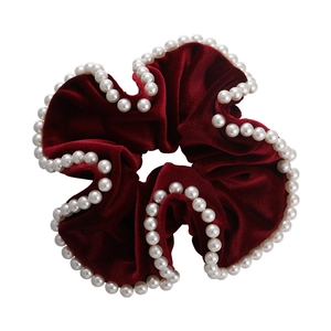 Elegant burgundy velvet scrunchie with white pearl trim decoration for women