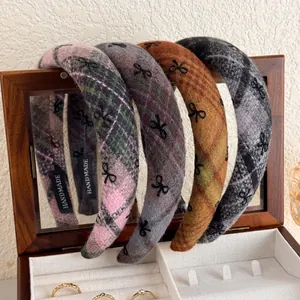 Vintage Plaid Woolen Puffy Headband For Women Thickened High Skull Top Hair Hoop With Bow Embroidery Handmade Hair Accessories