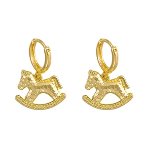 Elegant gold-tone rocking horse hoop earrings with textured hammered finish on white background