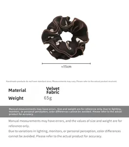 Macro detail of brown velvet scrunchie with 15cm diameter size and 65g weight specs