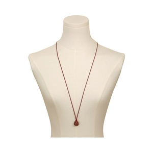 Minimalist burgundy long cord necklace with a square brushed pendant on mannequin