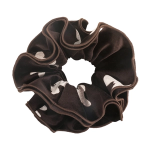 French velvet scrunchie in dark brown with elegant heart patterns and a glossy finish