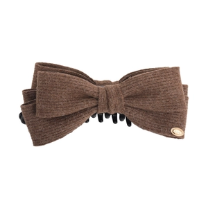 Brown knit bow banana clip with golden love metal plate for high ponytail hairstyles