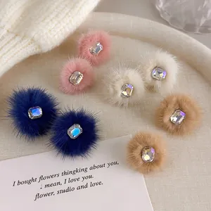 Sweet Faux Fur Hairball Stud Earrings For Women Colorful Square Rhinestone Geometric Earrings Handmade Plush Winter Jewelry