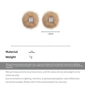 Detail showing dimensions and weight of khaki faux fur ball square rhinestone earrings