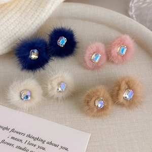 Colorful plush ball earrings set with square rhinestones in four soft autumn colors