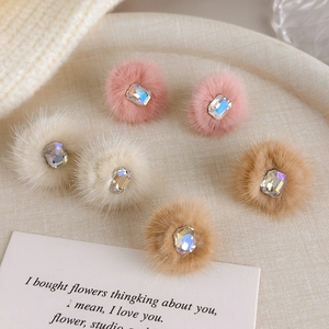 Sweet winter fuzzy pom-pom earrings with sparkling crystals in soft assorted colors