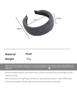Detailed plush wide headband dimensions showing 18cm length and 5.5cm width in dark grey