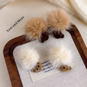 Furry pompom and flocked bear stud earrings in dark brown and beige winter tones