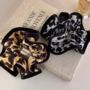 Vintage leopard print scrunchie set with contrast velvet piping on satin fabric