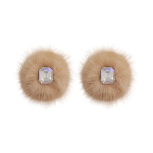 Sweet pom-pom square rhinestone stud earrings for women in beige winter style