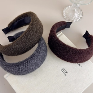 Thick plush winter headbands in brown, grey and red tones for high skull top hairstyle