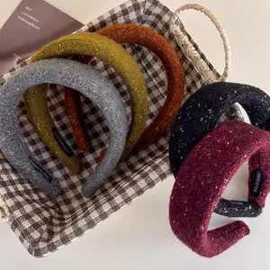 Five pieces set of wide tweed headbands with golden silk thread in various warm colors