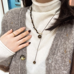 Retro Tiger Eye Stone Pendant Necklace For Women Maillard Style Irregular Beaded Snake Bone Chain Vintage Jewelry Gift