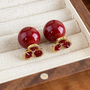 Elegant red zircon flower and pearl earrings in gold finish presented in a premium gift box