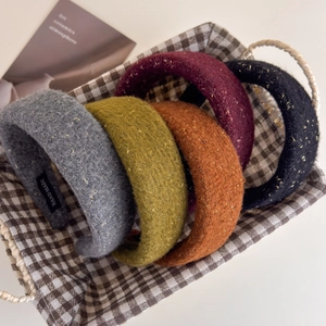 Elegant wide knit headband with metallic gold thread in five assorted autumn colors