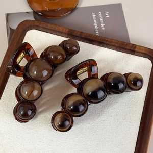 Grande Pince à Cheveux Rétro en Acrylique avec Perles Sphériques Élégante Ambre Marron Résine Pince Requin pour Femmes Accessoires Cheveux