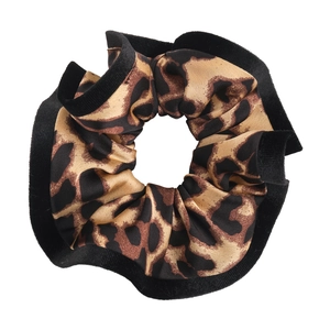 Vintage leopard print scrunchie with black velvet edges for retro hair styling