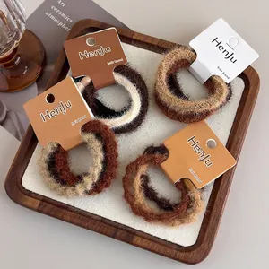 Women Winter Plush Elastic Hair Ties Minimalist Brown Coffee Beige Ponytail Holder Hair Ropes With Resin Beads Hair Accessories