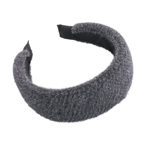 Thick dark grey plush headband for women with high top design and soft fluffy texture