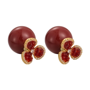 Elegant red zircon flower earrings with pearl back in gold plated luxury finish