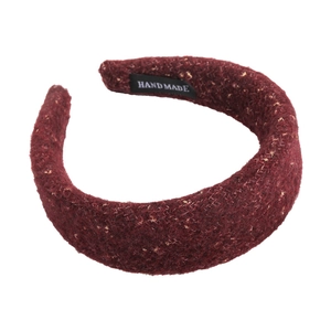 Elegant wine red tweed sponge headband with gold glitter accents and handmade label