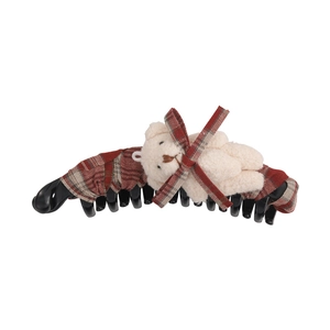 Pince à cheveux banane en tissu à carreaux avec ours en peluche et nœud rouge mignon