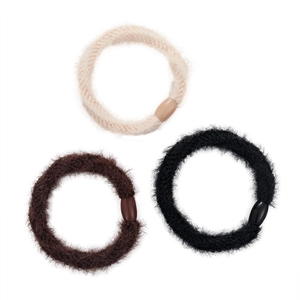 Three-piece set of thick plush hair scrunchies in cream, brown, and black colors