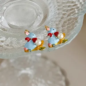 Cute Light Blue Enamel Bunny Stud Earrings With Round Artificial Pearl Red Bow Rhinestone Alloy Cartoon Animal Jewelry For Women