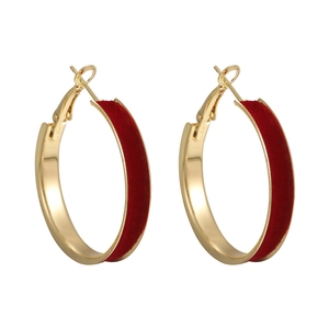 Elegant red velvet hoop earrings with golden metal base for women's winter style