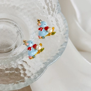 Cute enamel rabbit stud earrings with white pearl and blue bow tie for women