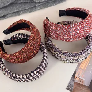 Franse Vintage Tweed Brede Haarband Voor Vrouwen Verdikte Spons Geweven Haarband Elegante Dagelijkse Mode Haaraccessoires