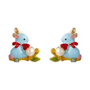Cute blue enamel bunny stud earrings with white pearl and sparkling zircon details