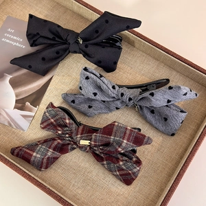 Handmade Fabric Bow Hair Clip With Metal Tag Korean Ins Heart Polka Dot Plaid Hairpin Sweet Elegant Headwear For Women