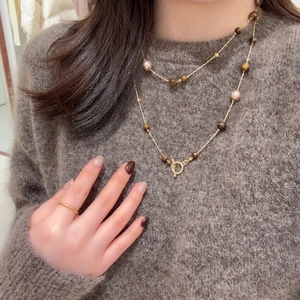 Vintage Tiger Eye Stone Faux Artificial Pearl Layered Necklace Stainless Steel Gold Chain Toggle Clasp Long Sweater Necklace Women