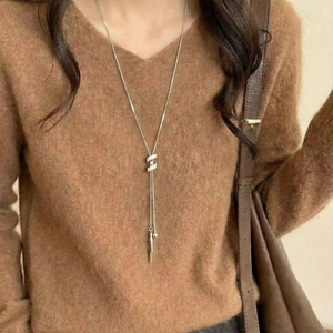 Sautoir de Pull Long en Y en Acier Inoxydable Avec Pendentif Spirale en Zirconium Chaîne Serpent Réglable Bijoux Femme