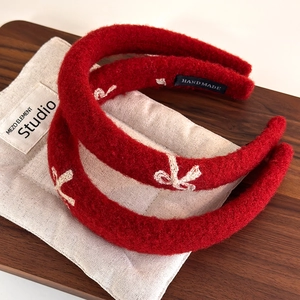 Red Plush Knitted Hairband With Embroidered Bow Pattern Handmade Thickened High Top Fashion Hair Hoop Women Winter Accessories